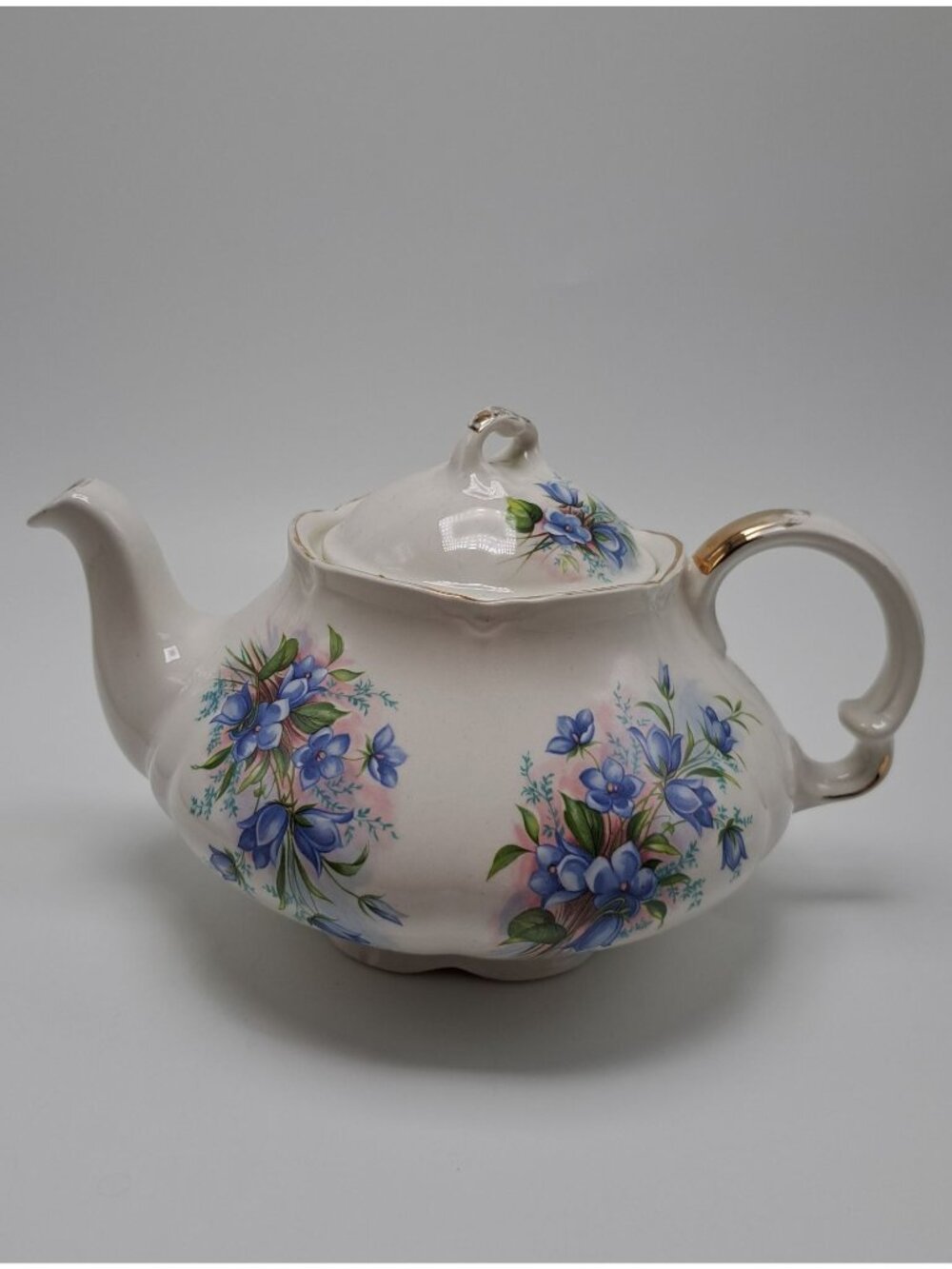 Ellgreave Alpine White Teapot Floral Design Wood and Sons Gold Trim Collectible